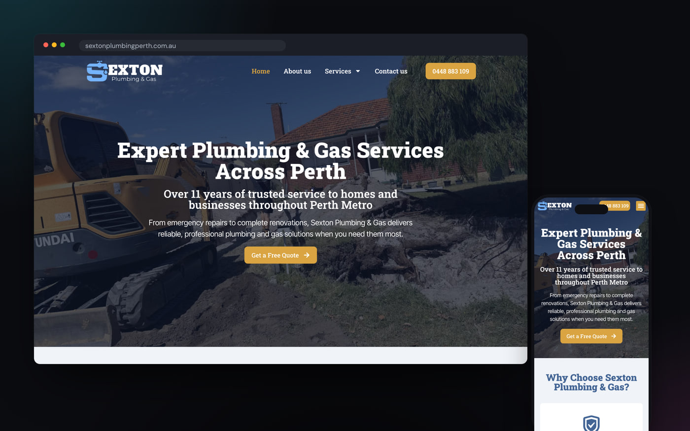 Website built by GalaxyWeb for Sexton Plumbing & Gas, shown on desktop and mobile